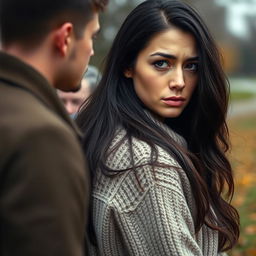 A woman looking back at her boyfriend with a sad and disappointed expression on her face