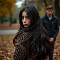 A woman looking back at her boyfriend with a sad and disappointed expression on her face