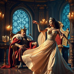 A majestic scene depicting a king observing a beautiful, confident woman dancing gracefully in a lavish palace
