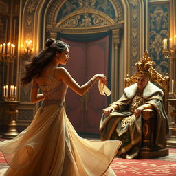 A majestic scene depicting a king observing a beautiful, confident woman dancing gracefully in a lavish palace