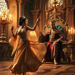 A majestic scene depicting a king observing a beautiful, confident woman dancing gracefully in a lavish palace