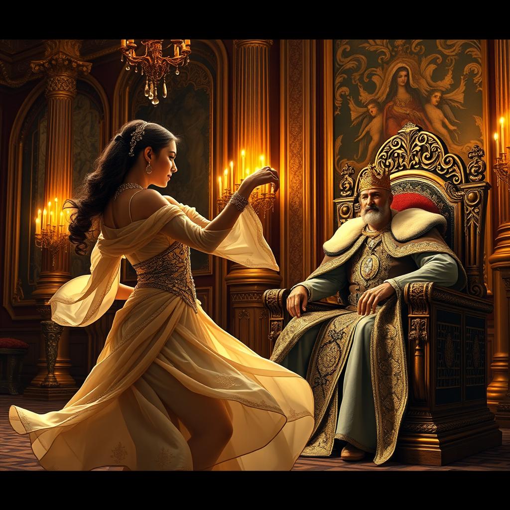 A majestic scene depicting a king observing a beautiful, confident woman dancing gracefully in a lavish palace