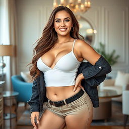 A stunning 18-year-old Russian woman with a curvaceous figure, featuring large assets and long flowing hair