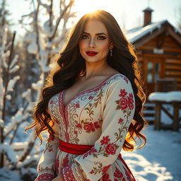 A stunning Russian woman with big curves, wearing an elegant traditional Russian dress