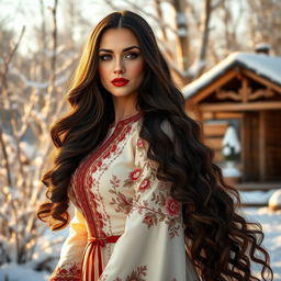 A stunning Russian woman with big curves, wearing an elegant traditional Russian dress