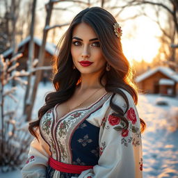 A stunning Russian woman with big curves, wearing an elegant traditional Russian dress