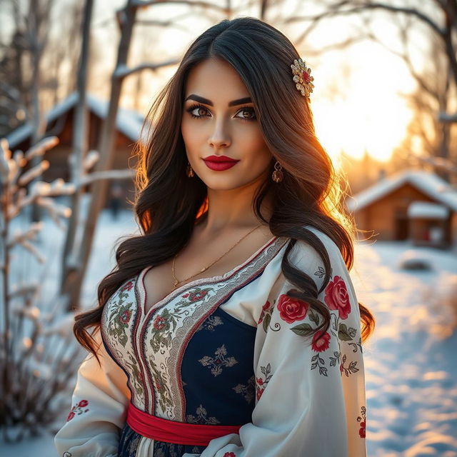 A stunning Russian woman with big curves, wearing an elegant traditional Russian dress