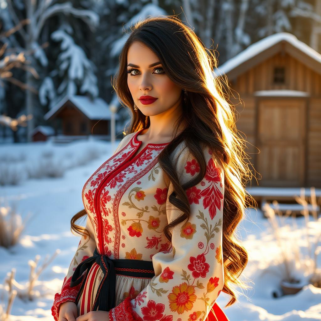 A stunning Russian woman with big curves, wearing an elegant traditional Russian dress