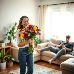 A heartfelt scene of a woman with a warm smile, holding a colorful bouquet of vibrant flowers, standing in a cozy living room