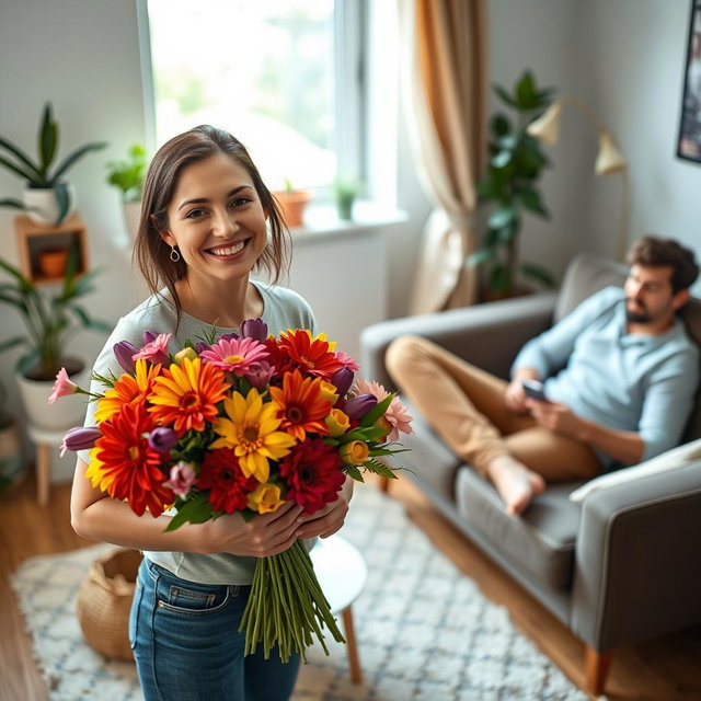 A heartfelt scene of a woman with a warm smile, holding a colorful bouquet of vibrant flowers, standing in a cozy living room