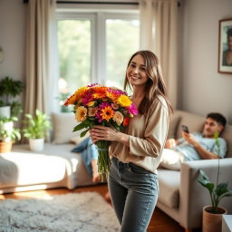 A heartfelt scene of a woman with a warm smile, holding a colorful bouquet of vibrant flowers, standing in a cozy living room