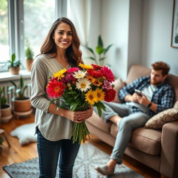 A heartfelt scene of a woman with a warm smile, holding a colorful bouquet of vibrant flowers, standing in a cozy living room