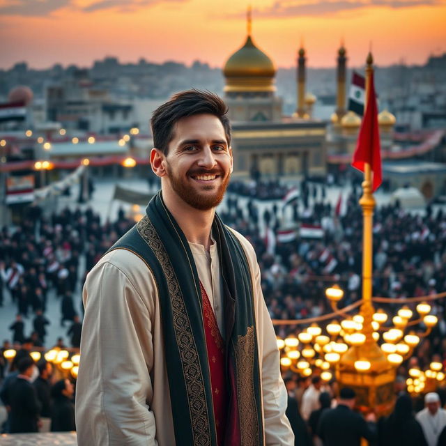 Lionel Messi, dressed in a traditional Iraqi attire, standing in the heart of Karbala with the iconic Imam Hussain shrine visible in the background