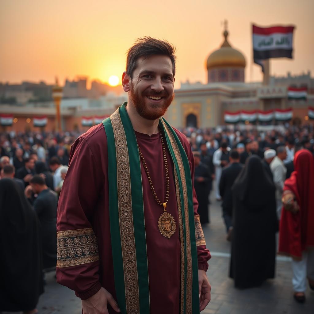 Lionel Messi, dressed in a traditional Iraqi attire, standing in the heart of Karbala with the iconic Imam Hussain shrine visible in the background