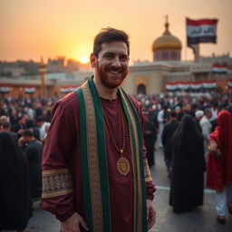 Lionel Messi, dressed in a traditional Iraqi attire, standing in the heart of Karbala with the iconic Imam Hussain shrine visible in the background