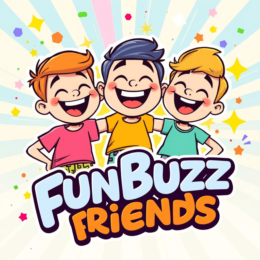 A colorful and vibrant cartoon-style logo featuring three cheerful, animated friends laughing together with exaggerated fun expressions