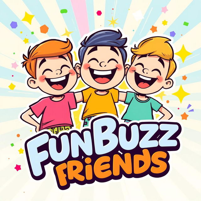 A colorful and vibrant cartoon-style logo featuring three cheerful, animated friends laughing together with exaggerated fun expressions