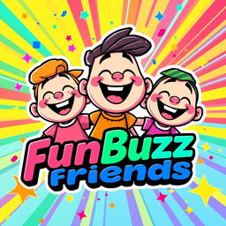 A colorful and vibrant cartoon-style logo featuring three cheerful, animated friends laughing together with exaggerated fun expressions