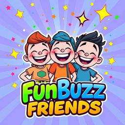 A colorful and vibrant cartoon-style logo featuring three cheerful, animated friends laughing together with exaggerated fun expressions