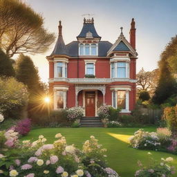 A Victorian style house with a large garden in full bloom bathed in the gentle light of a setting sun