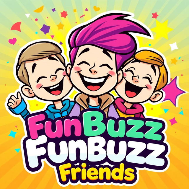 A colorful and vibrant cartoon-style logo featuring three cheerful, animated friends laughing together