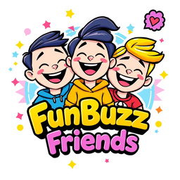 A colorful and vibrant cartoon-style logo featuring three cheerful, animated friends laughing together