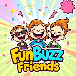 A colorful and vibrant cartoon-style logo featuring three cheerful, animated friends laughing together