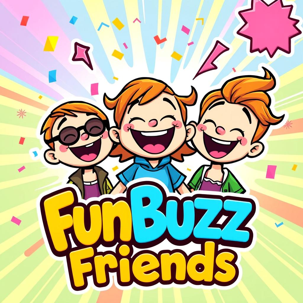 A colorful and vibrant cartoon-style logo featuring three cheerful, animated friends laughing together