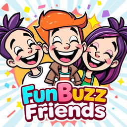 A colorful and vibrant cartoon-style logo featuring three cheerful, animated friends laughing together