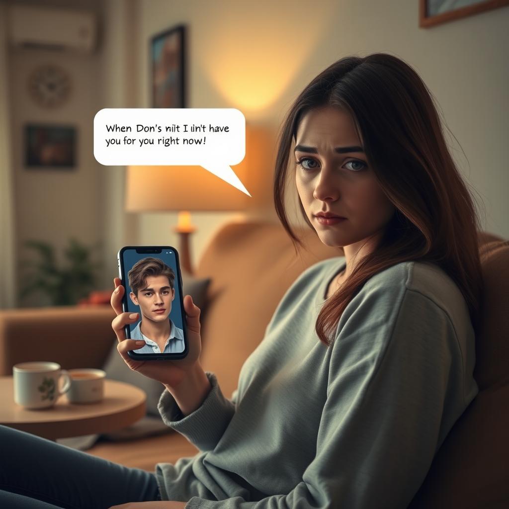 A scene depicting a young woman looking disappointed and sad as she sits alone in a cozy living room, holding a phone with a message from her boyfriend that reads 'I don't have time for you right now'