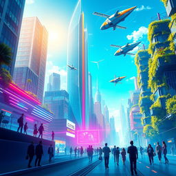 A captivating and visually stunning poster representing the future, featuring a vibrant futuristic cityscape with towering skyscrapers made of glass and neon lights, flying vehicles zipping through the sky, lush vertical gardens, and advanced technology integrated into everyday life