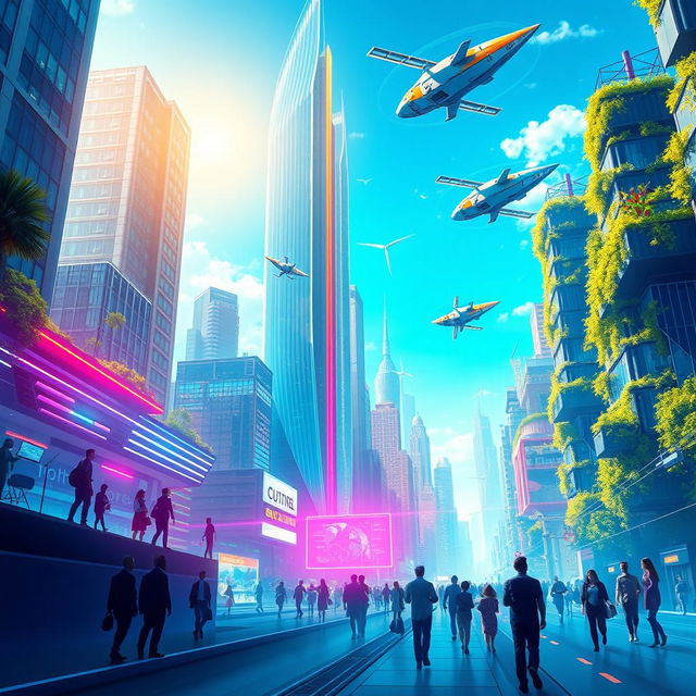 A captivating and visually stunning poster representing the future, featuring a vibrant futuristic cityscape with towering skyscrapers made of glass and neon lights, flying vehicles zipping through the sky, lush vertical gardens, and advanced technology integrated into everyday life