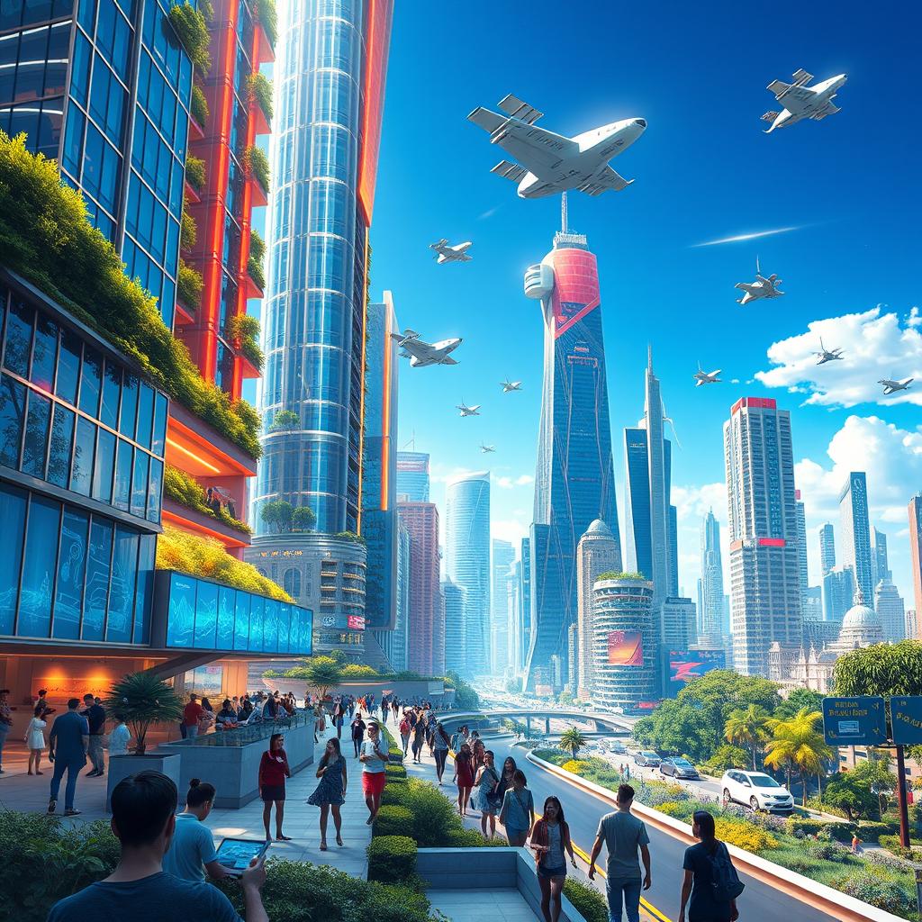 A captivating and visually stunning poster representing the future, featuring a vibrant futuristic cityscape with towering skyscrapers made of glass and neon lights, flying vehicles zipping through the sky, lush vertical gardens, and advanced technology integrated into everyday life
