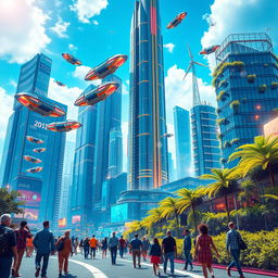 A captivating and visually stunning poster representing the future, featuring a vibrant futuristic cityscape with towering skyscrapers made of glass and neon lights, flying vehicles zipping through the sky, lush vertical gardens, and advanced technology integrated into everyday life