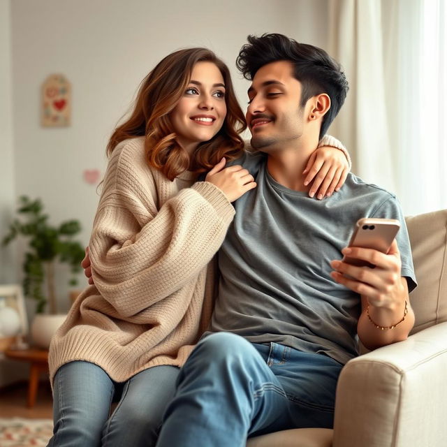 A heartwarming yet slightly humorous scene of a clingy girlfriend and her indifferent boyfriend