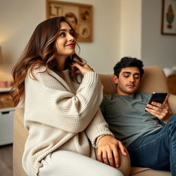 A heartwarming yet slightly humorous scene of a clingy girlfriend and her indifferent boyfriend