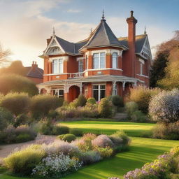 A Victorian style house with a large garden in full bloom bathed in the gentle light of a setting sun