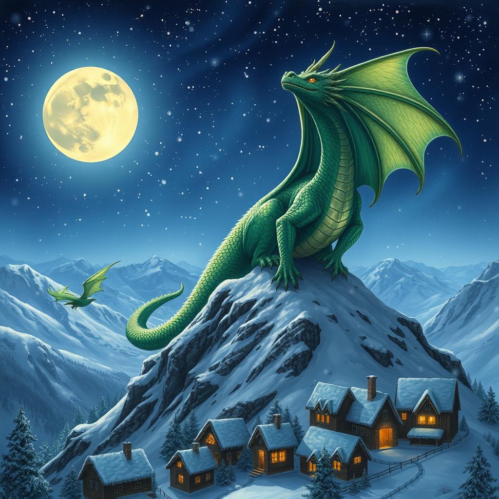 A majestic dragon perched atop a snowy mountain peak under a starry night sky, with its shimmering scales reflecting the moonlight