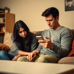 A poignant scene depicting a clingy girlfriend with an emotional expression, desperately seeking affection from her indifferent boyfriend who appears disinterested and distracted