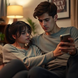 A poignant scene depicting a clingy girlfriend with an emotional expression, desperately seeking affection from her indifferent boyfriend who appears disinterested and distracted