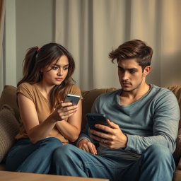 A poignant scene depicting a clingy girlfriend with an emotional expression, desperately seeking affection from her indifferent boyfriend who appears disinterested and distracted