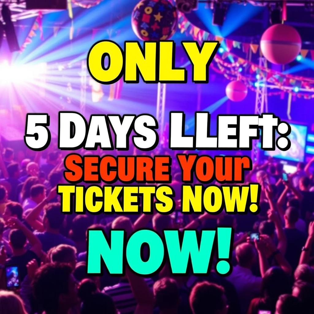 A vibrant and eye-catching promotional image for an event, featuring bold text that reads 'Only 5 Days Left: Secure Your Tickets Now!' in a dynamic font