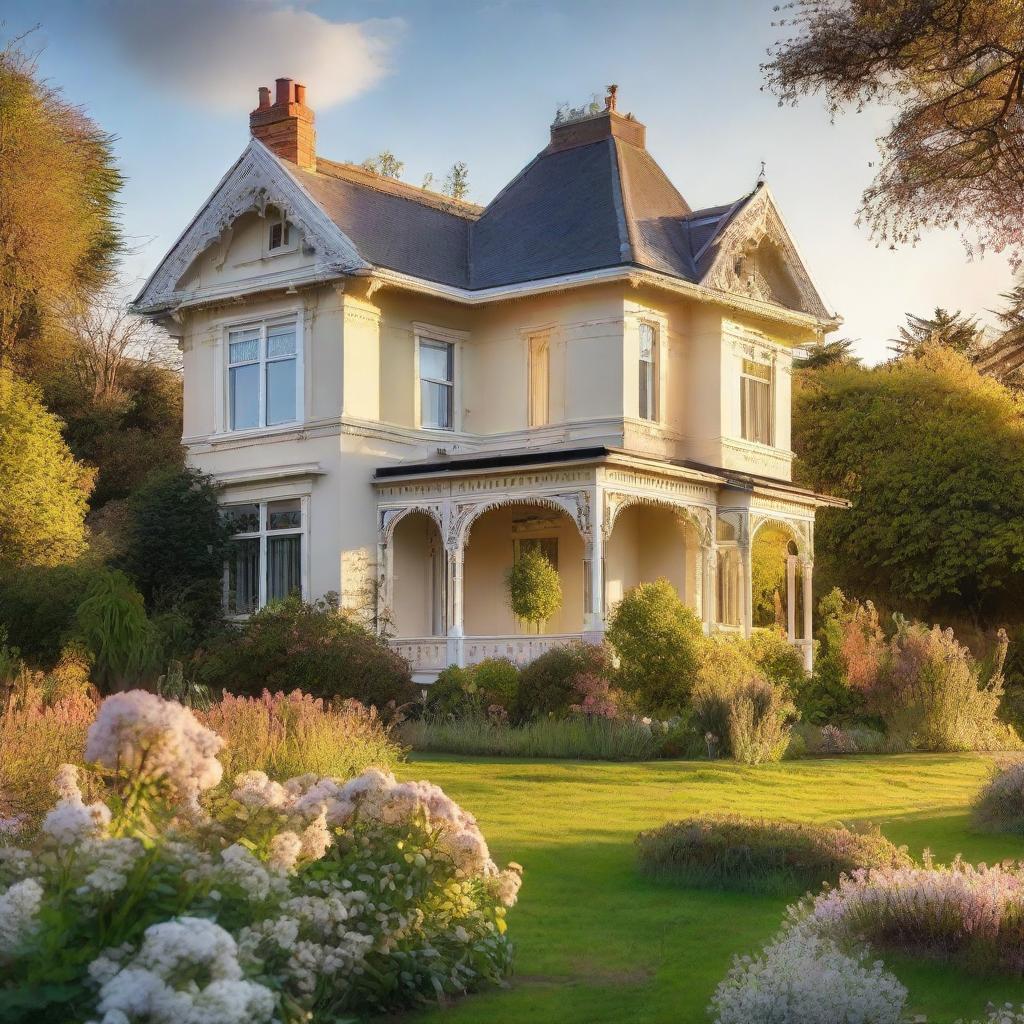 A Victorian style house with a large garden in full bloom bathed in the gentle light of a setting sun