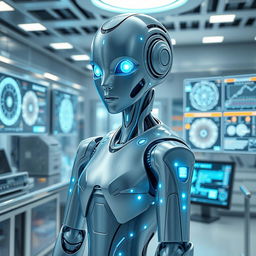 A futuristic AI android, sleek and humanoid with glowing circuitry patterns, standing confidently in a modern tech lab filled with holographic displays