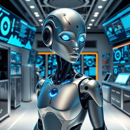 A futuristic AI android, sleek and humanoid with glowing circuitry patterns, standing confidently in a modern tech lab filled with holographic displays