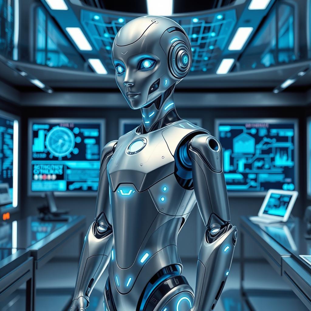 A futuristic AI android, sleek and humanoid with glowing circuitry patterns, standing confidently in a modern tech lab filled with holographic displays