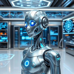 A futuristic AI android, sleek and humanoid with glowing circuitry patterns, standing confidently in a modern tech lab filled with holographic displays