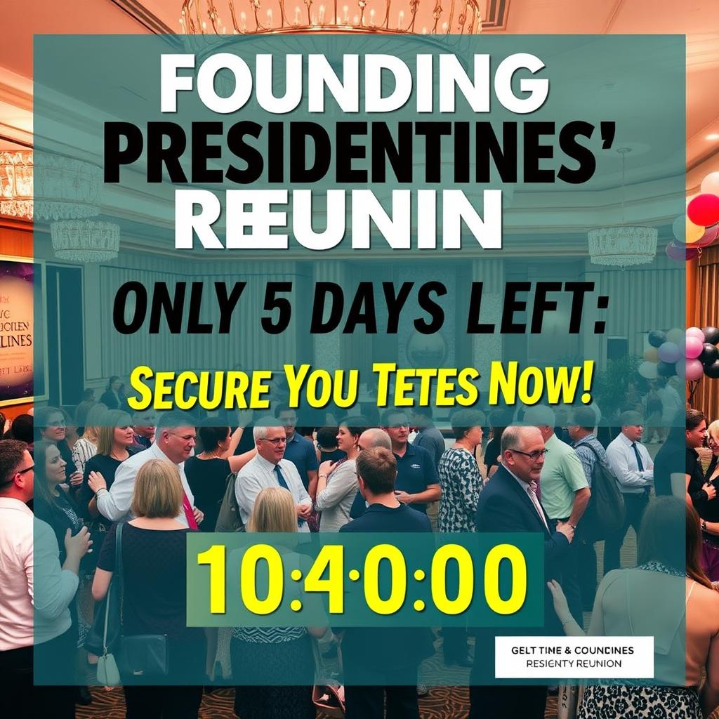 A vibrant and eye-catching promotional image for a reunion event titled 'Founding Presidentines' Reunion', featuring bold text that reads 'Only 5 Days Left: Secure Your Tickets Now!' in a dynamic font