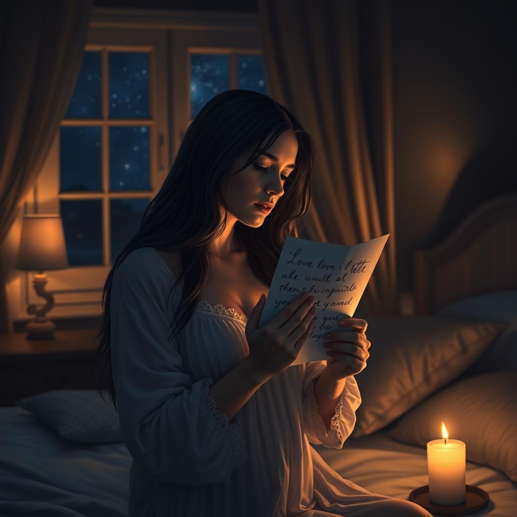 A romantic scene depicting a woman in a dimly lit room at night, gently kissing a love letter she holds close to her heart