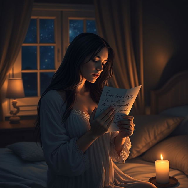 A romantic scene depicting a woman in a dimly lit room at night, gently kissing a love letter she holds close to her heart